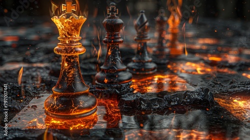 A fiery chessboard engulfed in flames, set amidst a dark, mystical forest