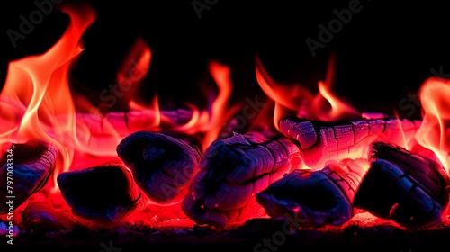 Charcoal briquettes ablaze in a grill, vibrant flames, and barbecue concept.