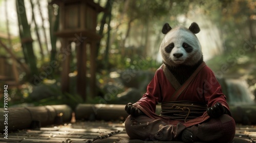 3D cartoon character of a panda doing meditation in bamboo forest.