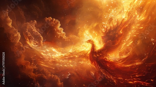 Majestic fiery phoenix rising amidst a blaze, symbolizing rebirth and transformation
