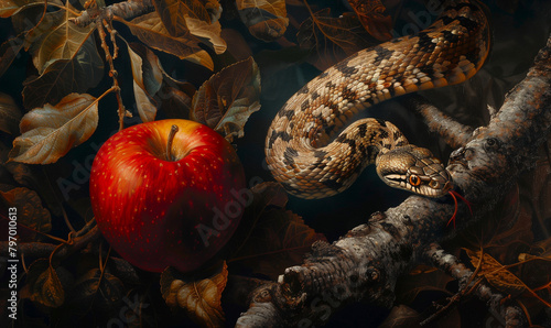 View of a snake and an apple, symbolizing original sin. This motif refers to the biblical story where the snake tempts Eve to eat the fruit from the forbidden tree.