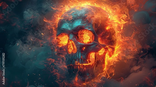 Fiery skull engulfed in swirling smoke and dramatic orange glow, a visually striking image