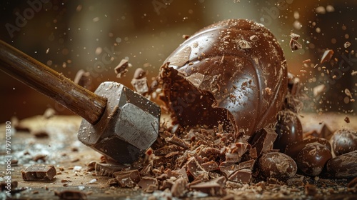 The instant of impact as a hammer breaks a large chocolate Easter egg, scattering pieces in a celebration of festive indulgence