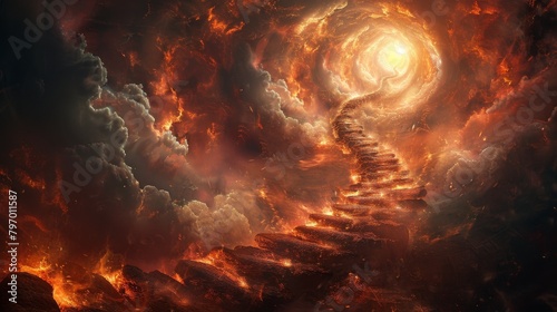 Fiery spiral staircase leading into a cosmic swirl in outer space