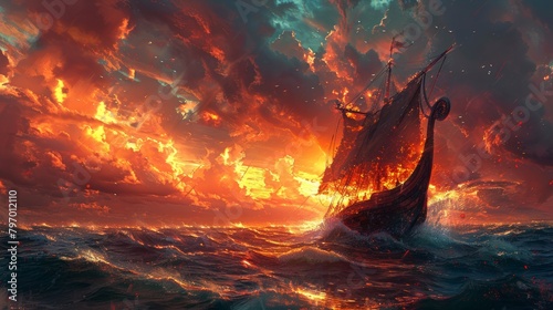 Fiery Viking ship sailing through stormy seas under dramatic clouds