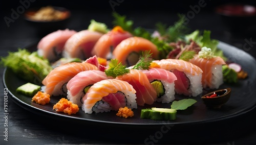 Nigiri sushi and sashimi sushi on wooden serving board with soy sauce over black stone texture background. Japanese menu