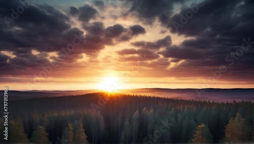 Forest trees with aerial view, rainforest ecosystem and healthy environment concept and background, Texture of green tree forest view from above at sunset.