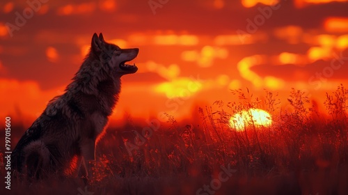 Majestic lone wolf silhouetted against a dramatic sunset in vibrant orange hues