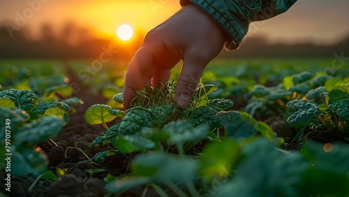 Tender moment: A farmer's hand caresses sprouts in a fertile field at sunset. Concept Agriculture, Farming, Nature, Sunset, Growth