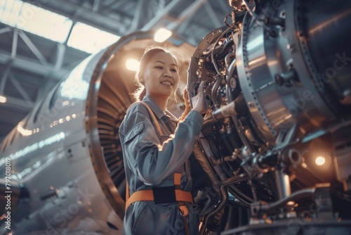 Skilled young airplane mechanic plane check engine avionics hangar industry technology experienced engineer safety scheduled maintenance transportation jet airport repair inspection replacement part