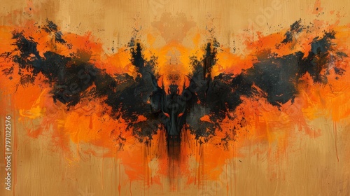 Vibrant Rorschach inkblot in orange and black, evoking feelings of fiery emotion and abstract art