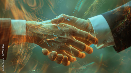 Digital generated human hand and businessman shake