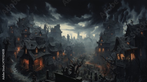 A highly detailed artwork of an eerie, gothic-style village under a foreboding night sky, invoking a sense of dread
