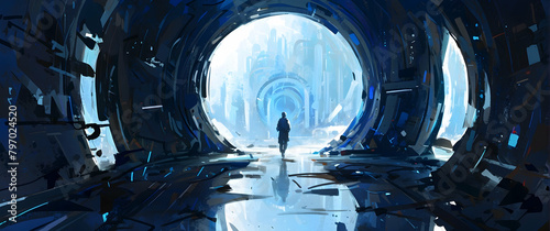 A digital artwork of a futuristic cityscape with a lone figure standing at the threshold of a portal