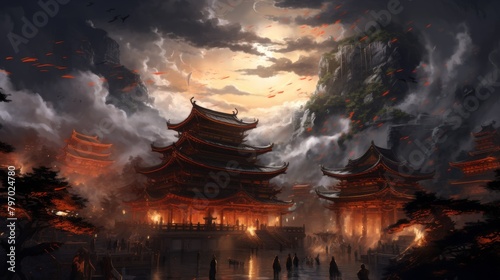 A mystical atmosphere as ancient Chinese pagodas are illuminated under a dramatic stormy sky