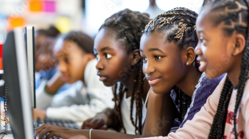 A group of young African American girls smile while looking at a computer screen at school.