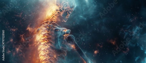 Abstract human spine xray with energy aura copy space for text