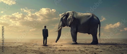 A man stands in front of a huge elephant in a desert