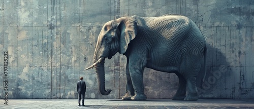 A man stands in front of a large elephant