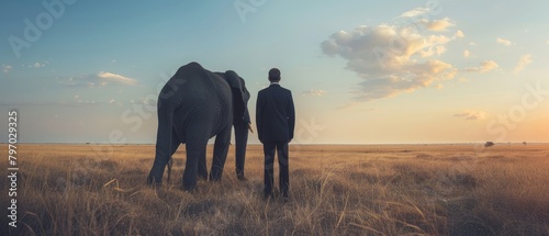 A man stands in a field next to an elephant