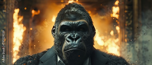 A gorilla wearing a suit and standing in front of a fire