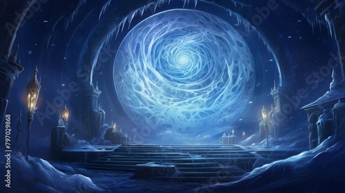 Fantasy winter landscape with majestic ice castles and swirling blue vortex under starry night sky