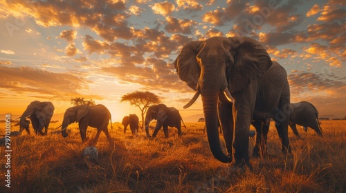 A breathtaking image of a majestic elephant leading its herd across the golden plains, set against a dramatic sunset sky