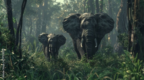 Three elephants journey through a mist-enshrouded forest, with the focus on their strong familial bond and majestic presence