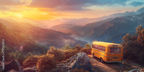 Modern bus is transporting passengers in mountains with sunset 