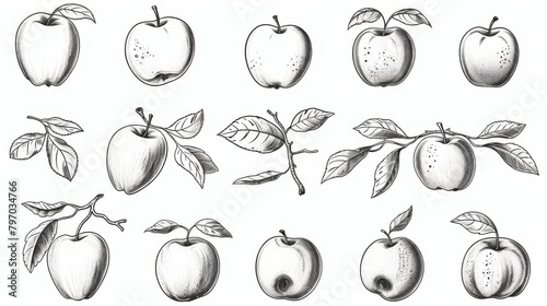 A sophisticated set of monochrome apple drawings showcasing different views and stages of growth with intricate shading