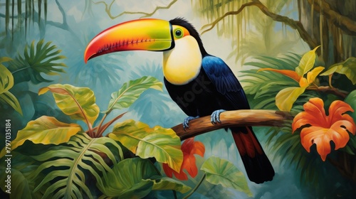 Colorful toucan perched gracefully on a branch in a lush rainforest