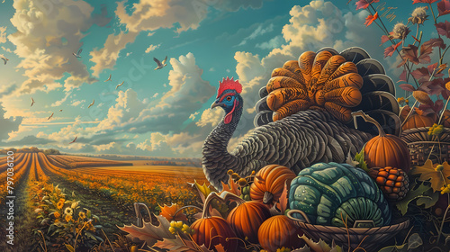 A ceramic marker with Thanksgiving accessories and turkey claws grasping it. set against the vista of harvest fields and gleaming cornucopias on a warm Thanksgiving afternoon. 