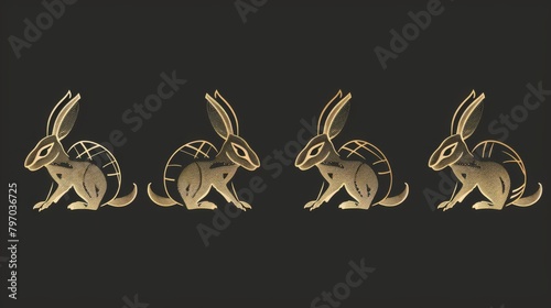 Artistic and luxurious gold silhouette collection of jackrabbits, showcasing movement and elegance on a black background