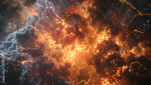 a cinematic background of an explosion with lightning. smoke and orange lighting 