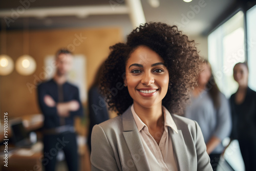 young woman with captivating, radiant features, representing African heritage, aged 32, confidently leading a team meeting in a modern office space