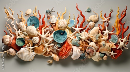 Vibrant collection of various seashells beautifully arranged on a dark background, showcasing natural diversity and color