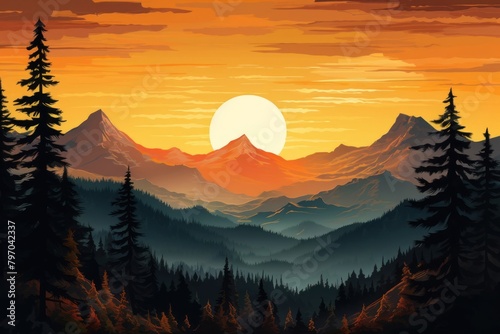 Silhouette forest landscape sunset mountain outdoors.