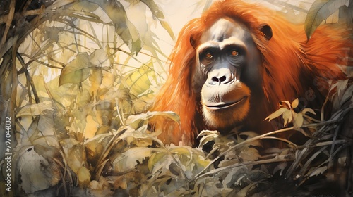 Expressive orangutan portrait surrounded by lush greenery, showcasing deep, soulful eyes and vibrant fur