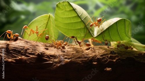 Weaver ants working together on a leaf bridge in a forest setting