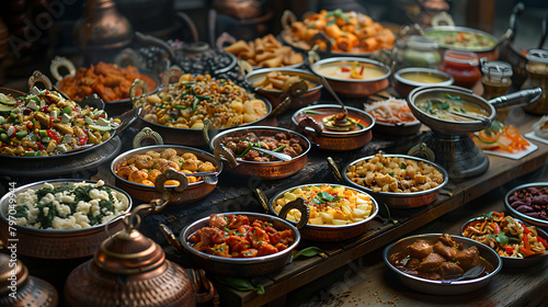 A portrait of various indian food buffet, collage