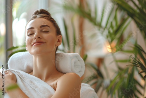 Serene woman blissfully receiving a deep tissue massage in a tranquil day spa environment