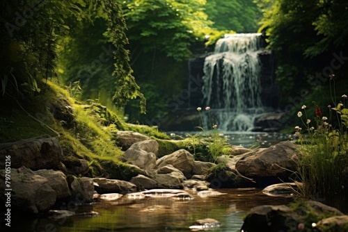 Waterfall in forest vegetation landscape outdoors.