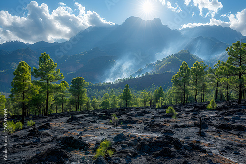 Pine Forest Devastated by Wildfire in Tenerife, landscape in the summer 3D Image