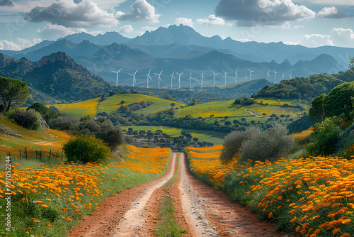 Road in Agricultural Fields with Wind Turbines, A Peaceful Countryside With Rolling Hills Wallpaper 