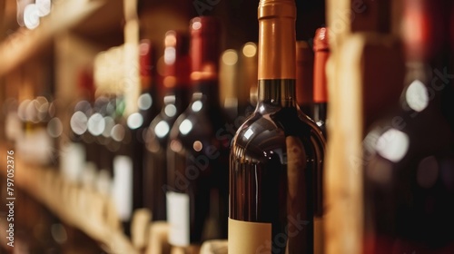 A close up of a bottle of red wine in a wine cellar with other bottles in the background.