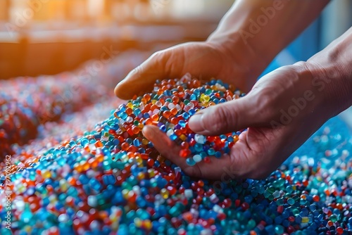 Recycling plastic into small pellets for reuse in manufacturing products. Concept Recycling Plastic, Plastic Pellets, Manufacturing Recycling, Sustainable Materials, Reuse in Production