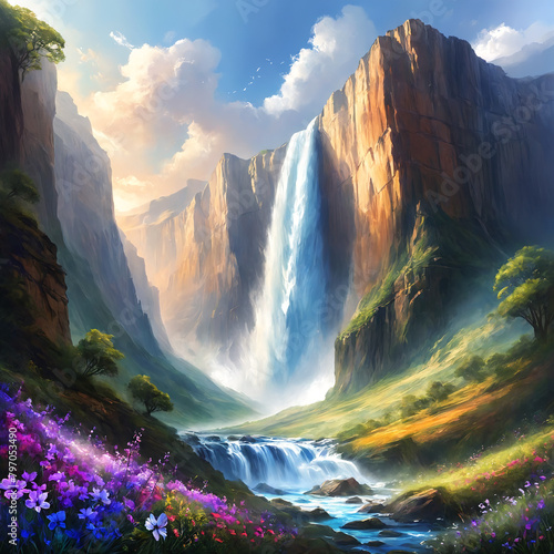 A beautiful landscape featuring a large waterfall flowing down a mountain side.
