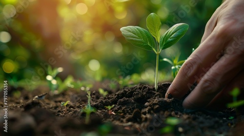 A hand planting a small plant in the soil with a blurred background of green plants