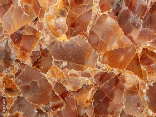 Surface of brown quartz broken in many pieces by multiple fissures creating amazing pattern in rusty tones. Scales of natural stone magnified under microscope revealing edgy shapes