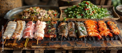 Assorted Meats and Fish Grilling on BBQ